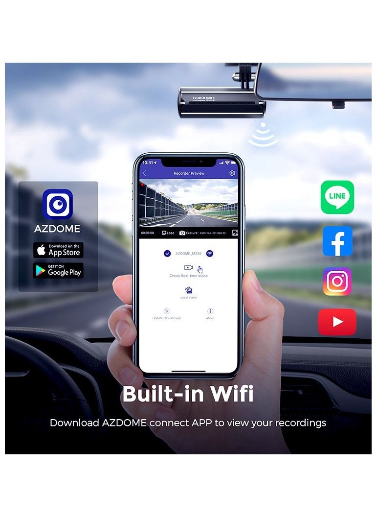 AZDOME - AZDOME Dash Cam, Built In WiFi & Loop Recording M330 Dashcams for Cars, Car Camera With FHD 1080P, G-Sensor, Parking Monitor - Image 1