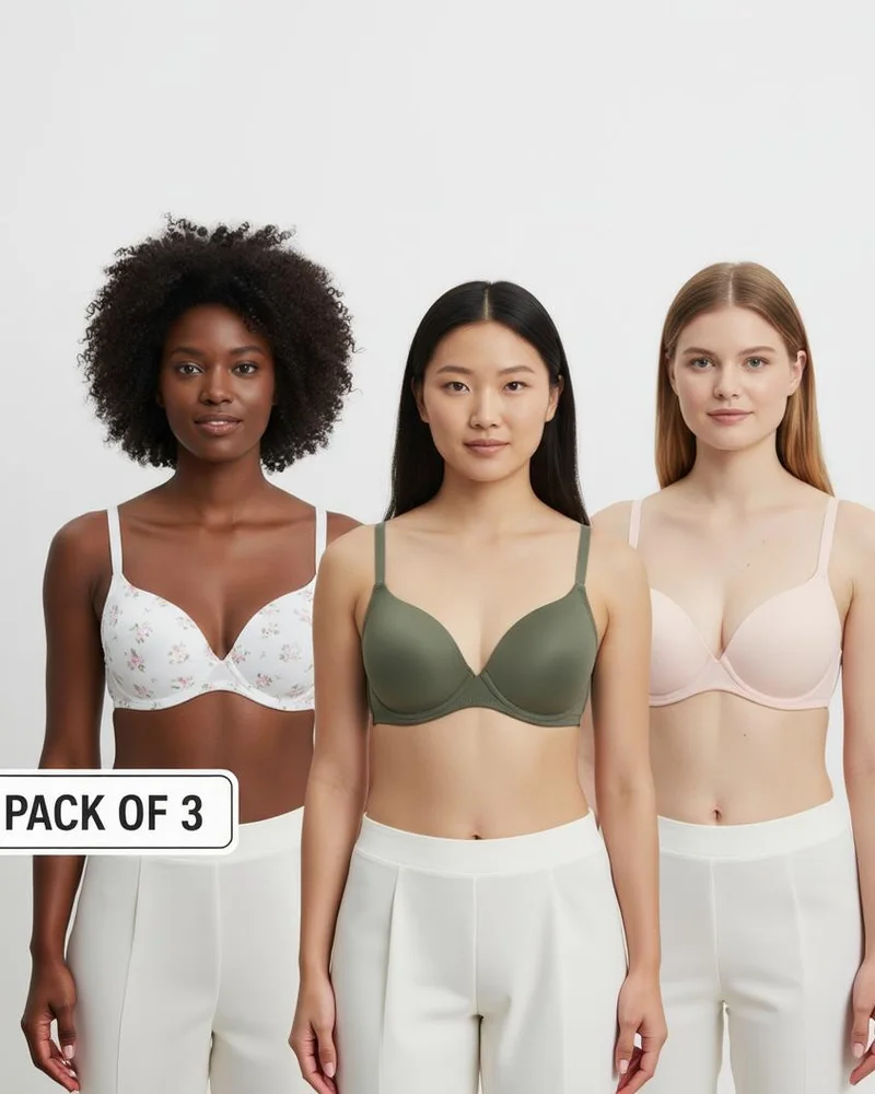 Redtag Women 3-Pack Printed and Solid Push-Up Bras
