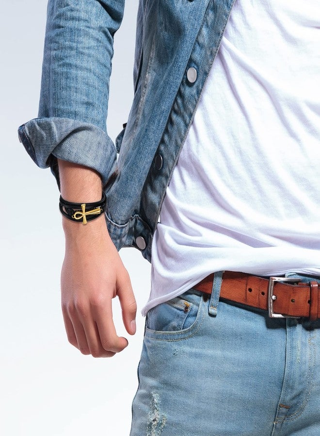 NMQLX Leather Bracelet for Men Women, Ankh Cross Leather Bracelet, Stainless Steel Egyptian Ankh Cuff Bracelet, Leather Braided Bracelet - Image 2