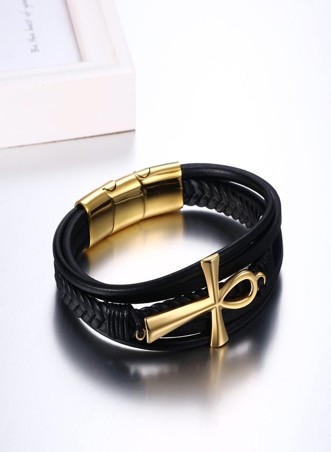 NMQLX Leather Bracelet for Men Women, Ankh Cross Leather Bracelet, Stainless Steel Egyptian Ankh Cuff Bracelet, Leather Braided Bracelet - Image 5