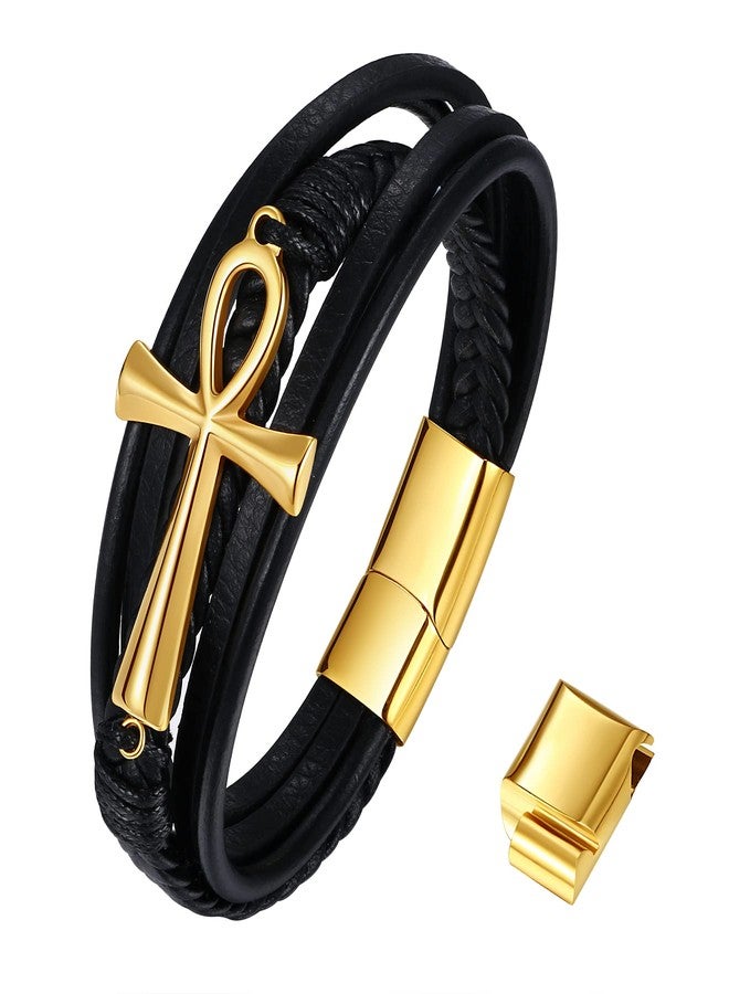 NMQLX Leather Bracelet for Men Women, Ankh Cross Leather Bracelet, Stainless Steel Egyptian Ankh Cuff Bracelet, Leather Braided Bracelet - Image 1