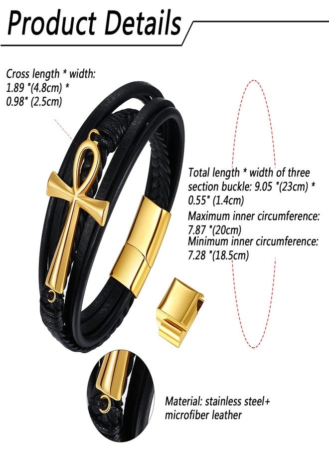 NMQLX Leather Bracelet for Men Women, Ankh Cross Leather Bracelet, Stainless Steel Egyptian Ankh Cuff Bracelet, Leather Braided Bracelet - Image 3