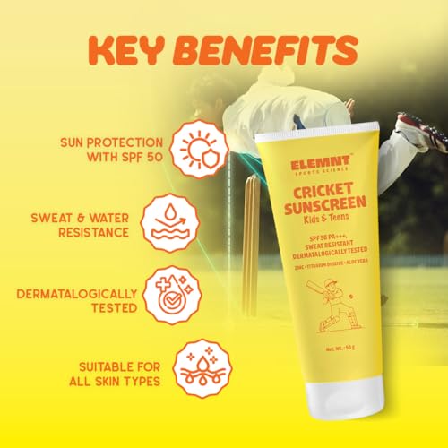 Elemnt Cricket Sunscreen for Kids & Teens | SPF 50, PA+++ Dermatologically Tested, Sweat and Water Resistant Mineral Sunblock | Kid friendly formulation for sensitive and dry skin | Kids Sun and Tan protection for Cricketers Girls and Boys 4 to 16 year old - 50gm (Pack of 1) - Image 2