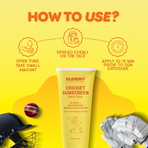 Elemnt Cricket Sunscreen for Kids & Teens | SPF 50, PA+++ Dermatologically Tested, Sweat and Water Resistant Mineral Sunblock | Kid friendly formulation for sensitive and dry skin | Kids Sun and Tan protection for Cricketers Girls and Boys 4 to 16 year old - 50gm (Pack of 1) - Image 3