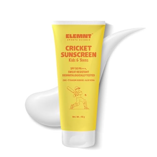 Elemnt Cricket Sunscreen for Kids & Teens | SPF 50, PA+++ Dermatologically Tested, Sweat and Water Resistant Mineral Sunblock | Kid friendly formulation for sensitive and dry skin | Kids Sun and Tan protection for Cricketers Girls and Boys 4 to 16 year old - 50gm (Pack of 1) - Image 1