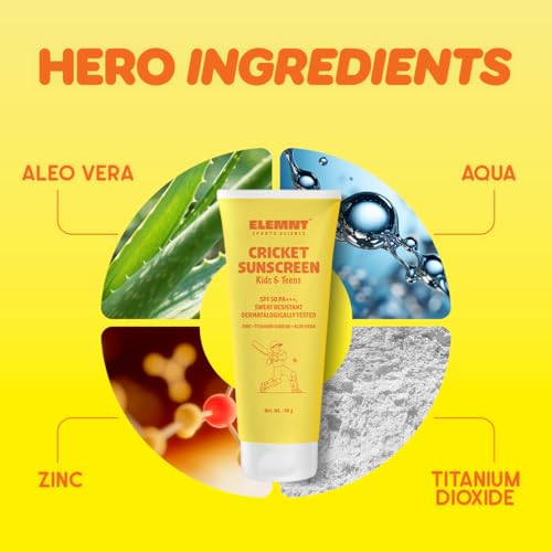 Elemnt Cricket Sunscreen for Kids & Teens | SPF 50, PA+++ Dermatologically Tested, Sweat and Water Resistant Mineral Sunblock | Kid friendly formulation for sensitive and dry skin | Kids Sun and Tan protection for Cricketers Girls and Boys 4 to 16 year old - 50gm (Pack of 1) - Image 4