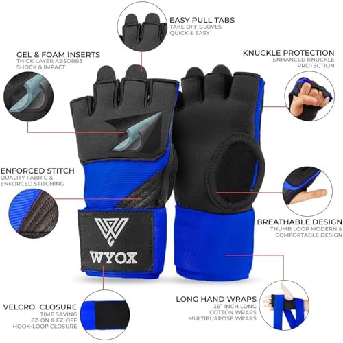 WYOX Gel Boxing Hand Wraps Inner Gloves for Men & Women, 80cm Quick Wrist Straps, Padded Knuckle Protection for Muay Thai Kickboxing, Hand Wraps for Boxing & Martial Arts (Blue, XS) - Image 2