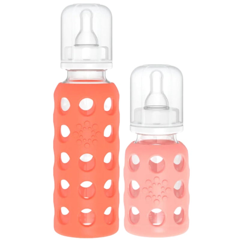 Lifefactory Glass Baby Bottle BPA Free | Protective Silicone Sleeve | 4oz/9 oz Pack of 2 | Papaya, Cantaloupe - Image 1