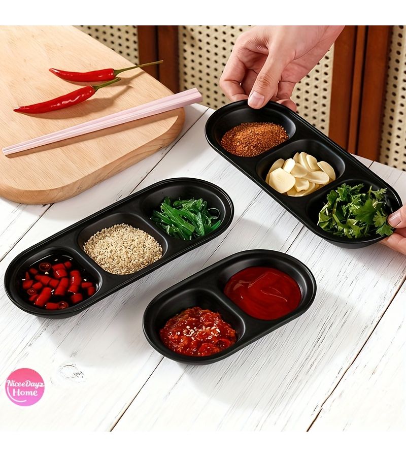 2 Compartment Black Plastic Dipping Sauce Bowl 2pcs Oval Divided Appetizer Serving Dish Reusable Dishwasher Safe For Sushi Soy Sauce Condiments Side Snacks Fruits BBQ Party Kitchen Desserts - Image 2