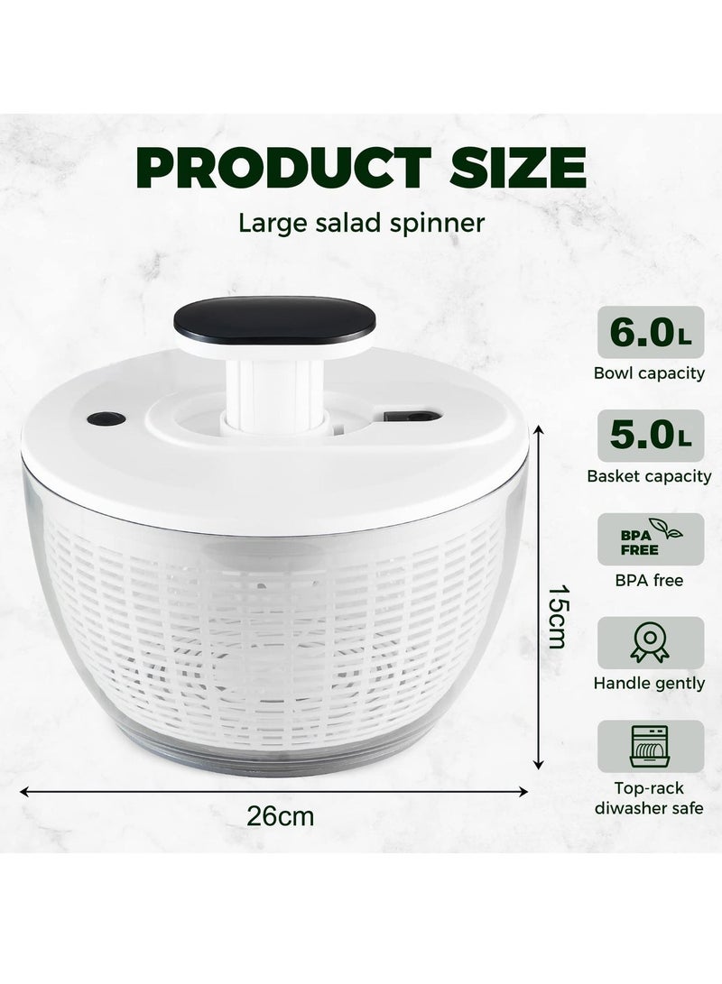 Salad Spinner Large 6L, Manual Lettuce Spinner for Vegetable Prepping, One-Handed Pump Fruit Spinner, Quick Drying Salad Leaves with Bowl and Colander - Image 2