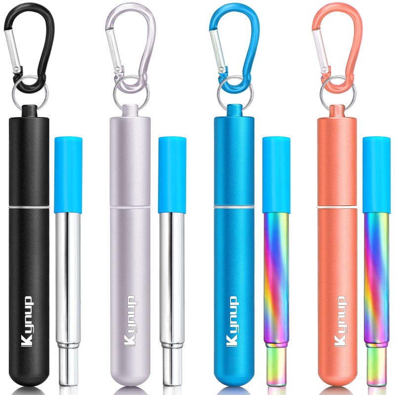 Kynup Kynup Reusable Straws 4Pack Collapsible Portable Metal Straw Reusable Foldable Stainless Steel Drinking Travel Telescopic Straw with Case Clean Brush Keychain Gifts BlueBlack Rose GoldSilver