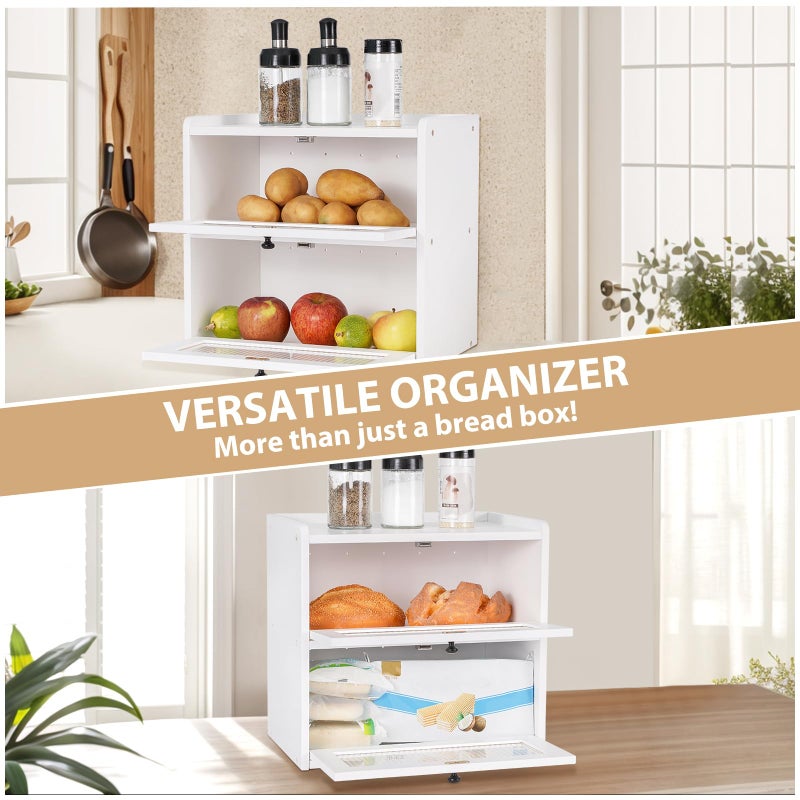 Sunhoo Bread Box for Kitchen Countertop Wooden Bread Storage Container Bin 2 Layer Breadbox Holder Large Capacity Keeper Vintage Farmhouse Food Organizer Pantry Shelf Acrylic Window (White) - Image 5