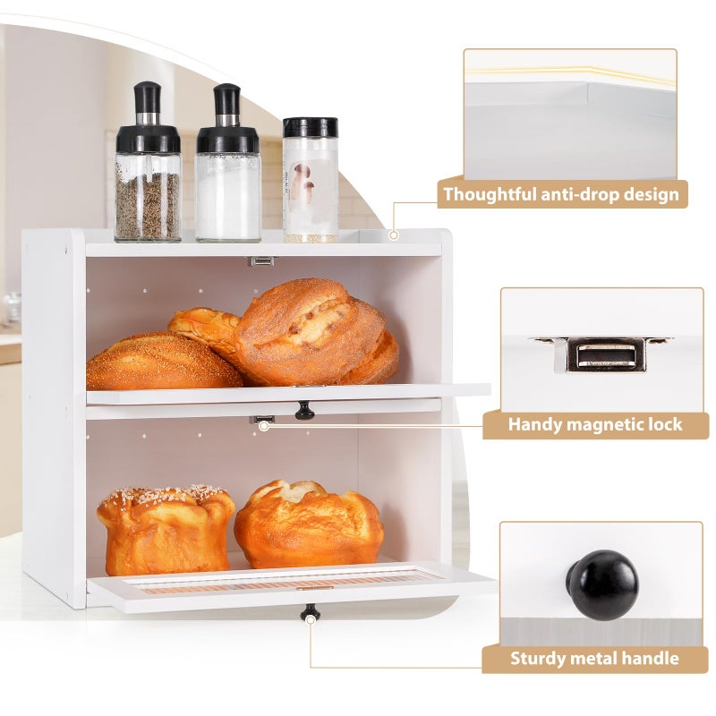 Sunhoo Bread Box for Kitchen Countertop Wooden Bread Storage Container Bin 2 Layer Breadbox Holder Large Capacity Keeper Vintage Farmhouse Food Organizer Pantry Shelf Acrylic Window (White) - Image 3