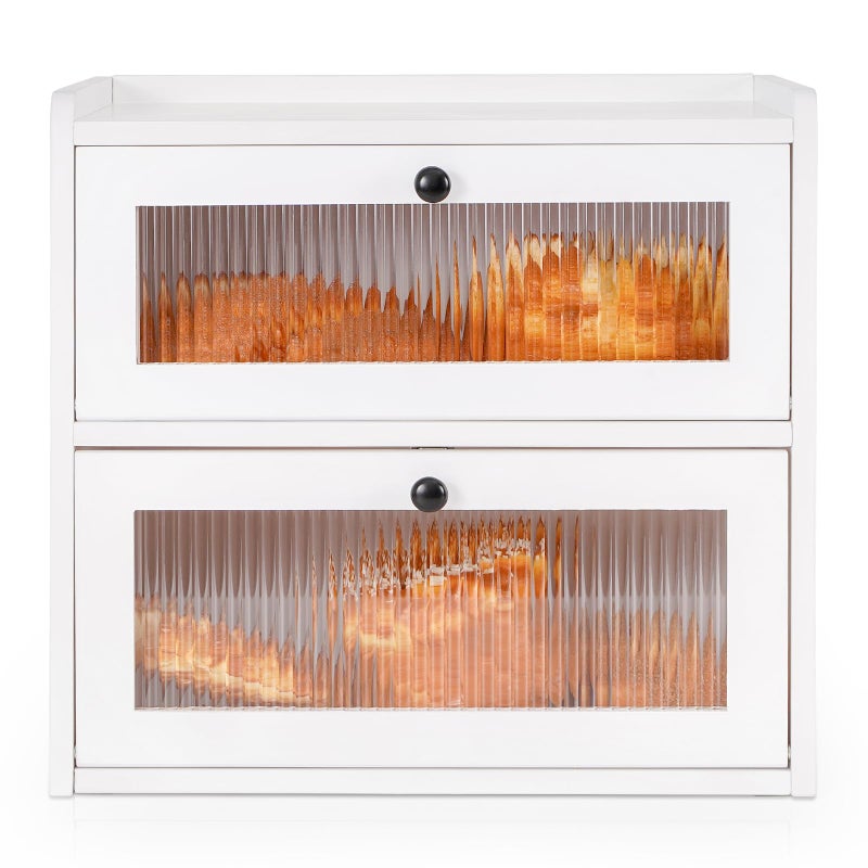 Sunhoo Bread Box for Kitchen Countertop Wooden Bread Storage Container Bin 2 Layer Breadbox Holder Large Capacity Keeper Vintage Farmhouse Food Organizer Pantry Shelf Acrylic Window (White) - Image 1