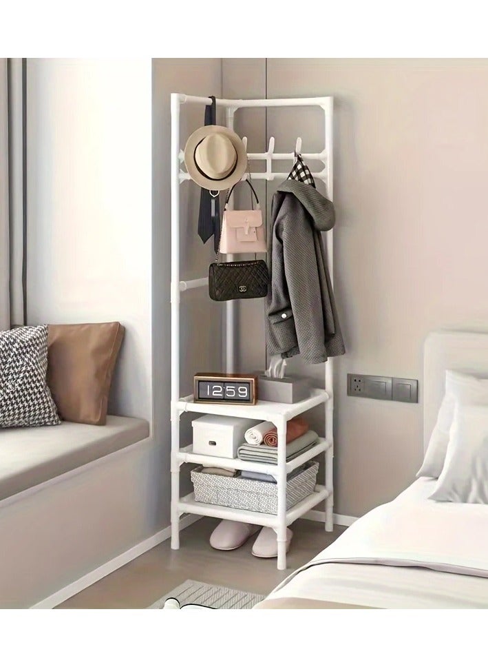 Coat rack stand for corners with hanging hooks and 3 lower shelves, space saving and corner utilization, white color, used at the entrance of the house, in the bedroom, bathroom, office, university dorm, or in a quiet corner, ideal for hanging hats, scarves, clothes, bags, accessories, and coats. The lower shelves organize and store shoes, boots, or a basket for putting socks. The design of the stand is modern and goes with most modern home decor. The frame of the stand is metal and the shelves are made of fabric. Economical and practical. Easy to install and easy to move or disassemble  - Image 1