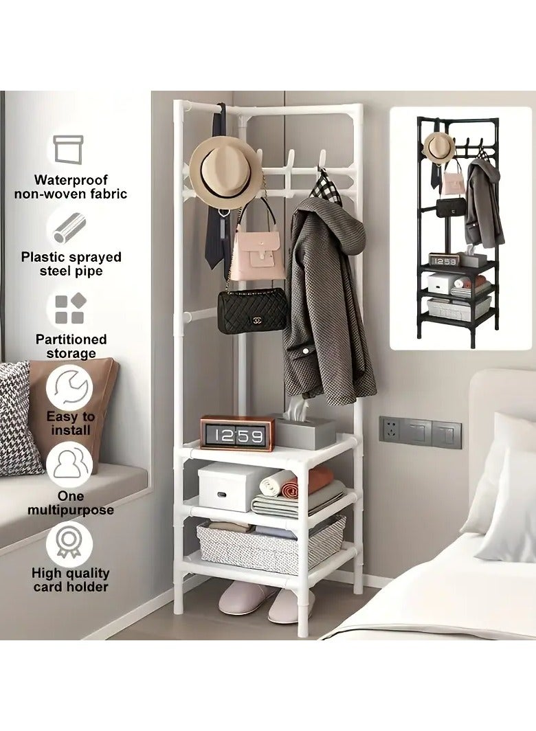 Coat rack stand for corners with hanging hooks and 3 lower shelves, space saving and corner utilization, white color, used at the entrance of the house, in the bedroom, bathroom, office, university dorm, or in a quiet corner, ideal for hanging hats, scarves, clothes, bags, accessories, and coats. The lower shelves organize and store shoes, boots, or a basket for putting socks. The design of the stand is modern and goes with most modern home decor. The frame of the stand is metal and the shelves are made of fabric. Economical and practical. Easy to install and easy to move or disassemble  - Image 2