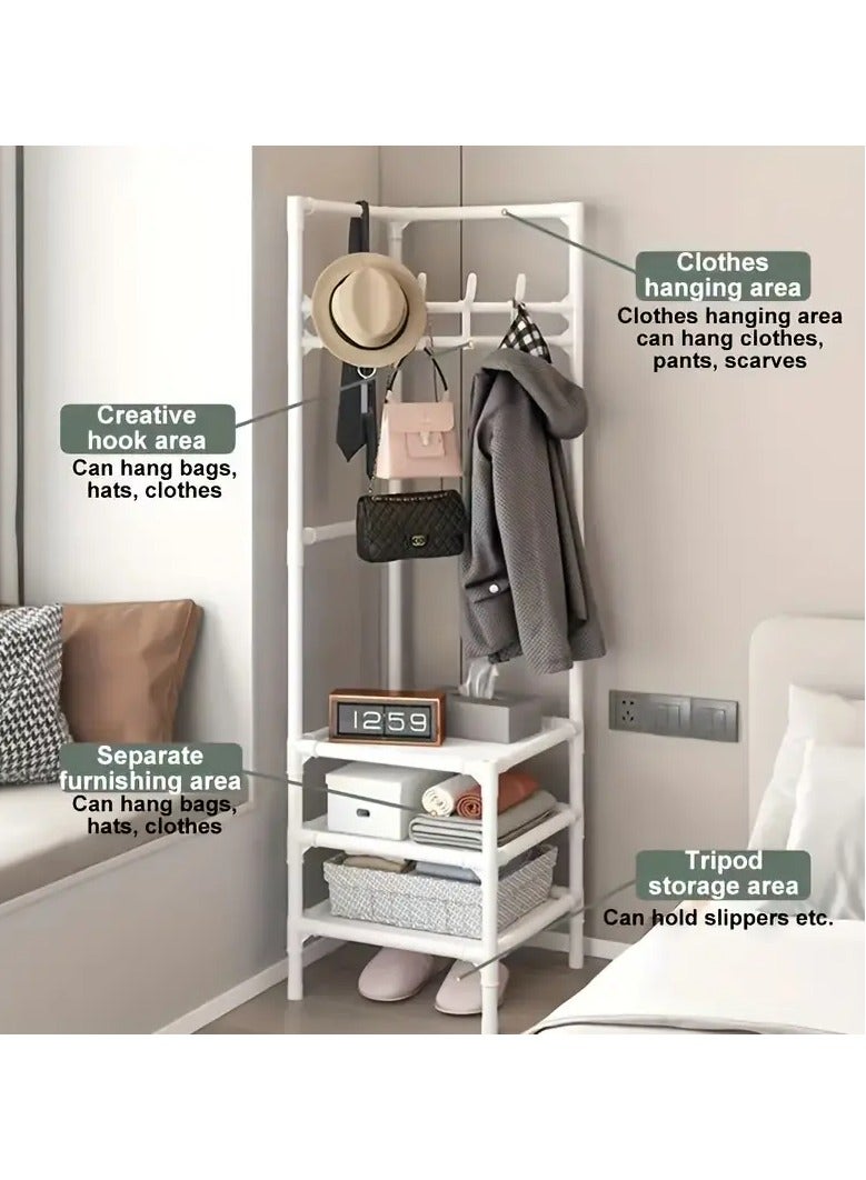 Coat rack stand for corners with hanging hooks and 3 lower shelves, space saving and corner utilization, white color, used at the entrance of the house, in the bedroom, bathroom, office, university dorm, or in a quiet corner, ideal for hanging hats, scarves, clothes, bags, accessories, and coats. The lower shelves organize and store shoes, boots, or a basket for putting socks. The design of the stand is modern and goes with most modern home decor. The frame of the stand is metal and the shelves are made of fabric. Economical and practical. Easy to install and easy to move or disassemble  - Image 3