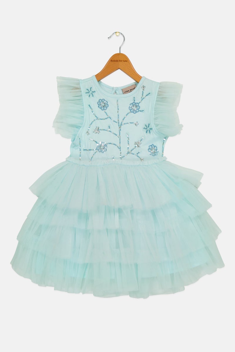 Lunamoon Kids Girl Ruffle Sleeve Sequins Dress, Blue - Image 2