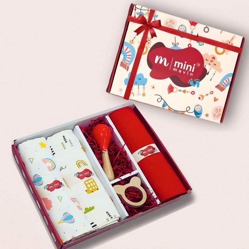 MINI MAVIN MiniMavin 100% Organic Baby Gift Set – Muslin Swaddle Wraps, Hooded Towel, Dry Sheet, Neemwood Rattle & Teether, Milestone Cards | Newborn Essentials | Baby Shower & Birthday Gift (Set of 5) - Image 2