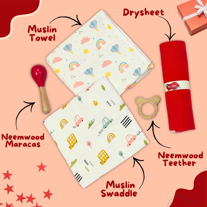 MINI MAVIN MiniMavin 100% Organic Baby Gift Set – Muslin Swaddle Wraps, Hooded Towel, Dry Sheet, Neemwood Rattle & Teether, Milestone Cards | Newborn Essentials | Baby Shower & Birthday Gift (Set of 5) - Image 4