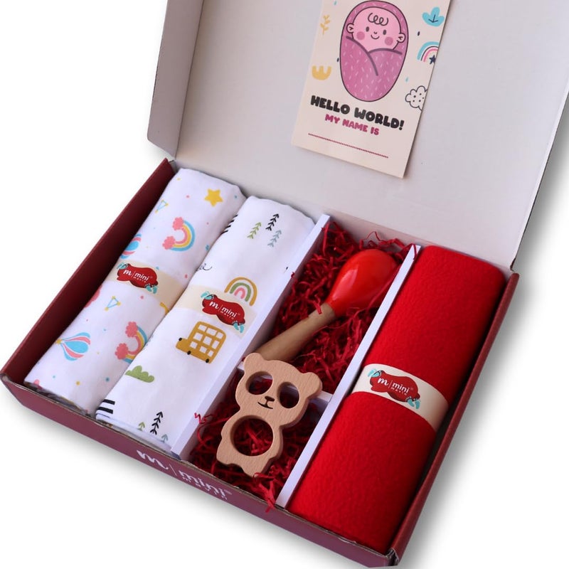 MINI MAVIN MiniMavin 100% Organic Baby Gift Set – Muslin Swaddle Wraps, Hooded Towel, Dry Sheet, Neemwood Rattle & Teether, Milestone Cards | Newborn Essentials | Baby Shower & Birthday Gift (Set of 5) - Image 1