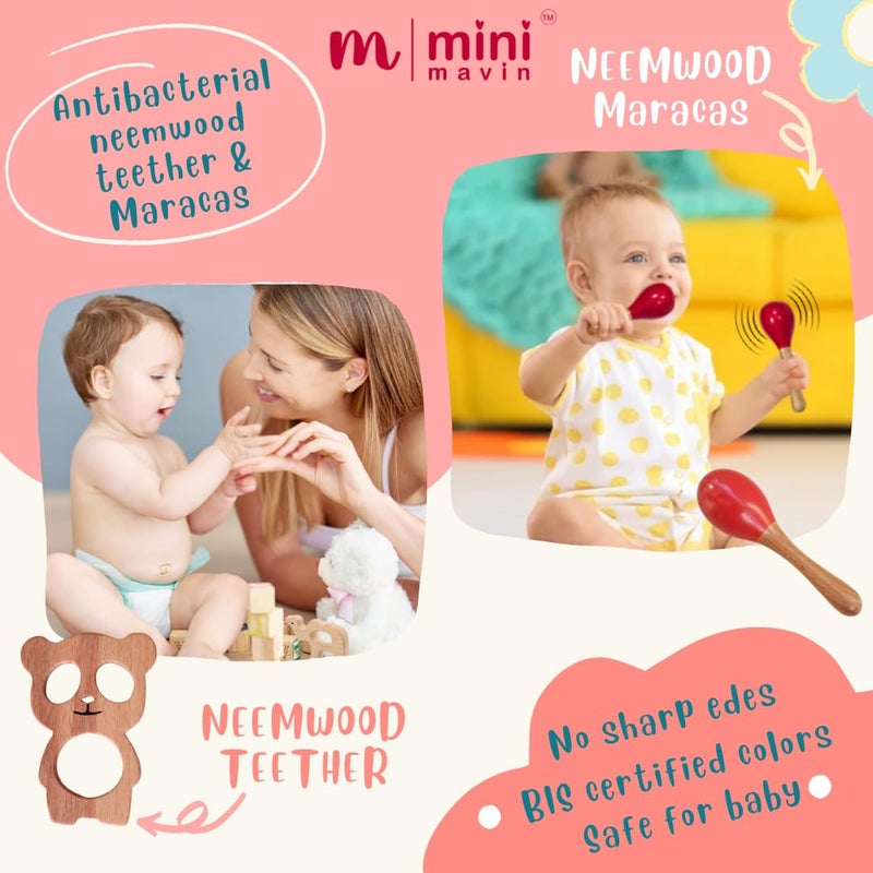 MINI MAVIN MiniMavin 100% Organic Baby Gift Set – Muslin Swaddle Wraps, Hooded Towel, Dry Sheet, Neemwood Rattle & Teether, Milestone Cards | Newborn Essentials | Baby Shower & Birthday Gift (Set of 5) - Image 5