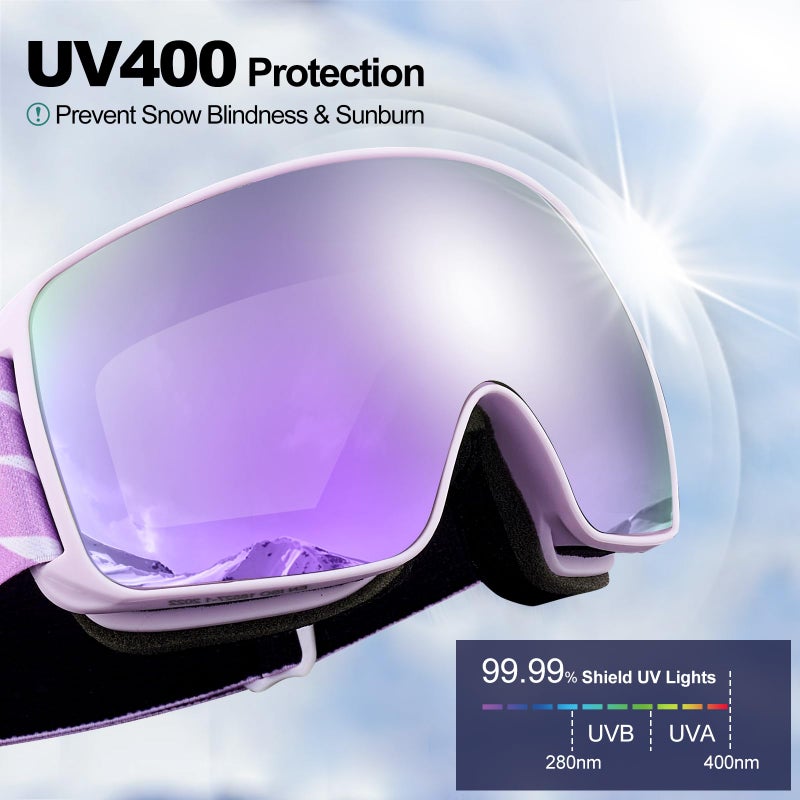 Odoland Kids Ski Goggles, Snowboard Goggles for Youth Skiing Age 8-16, Snow Goggles S2 Double Lens Anti-Fog UV400 Protection, White Frame Purple Lens vlt 20% - Image 5