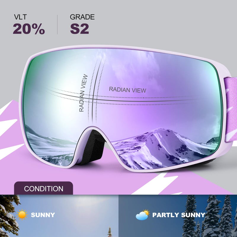 Odoland Kids Ski Goggles, Snowboard Goggles for Youth Skiing Age 8-16, Snow Goggles S2 Double Lens Anti-Fog UV400 Protection, White Frame Purple Lens vlt 20% - Image 3