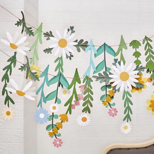 Easy Joy Daisy Flower Banner Wildflower Party Decorations Leaves Banner Paper Flower Garland Daisy Groovy for Wall Decoration Spring Baby Shower Wedding Backdrop Decorations - Image 1