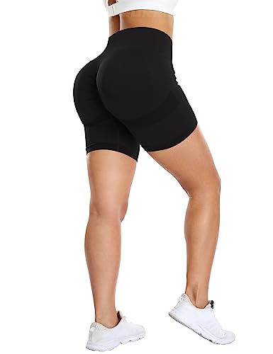 YEOREO Women High Waist Workout Yoga Gym Smile Contour Seamless Cycling Shorts Black M - Image 4