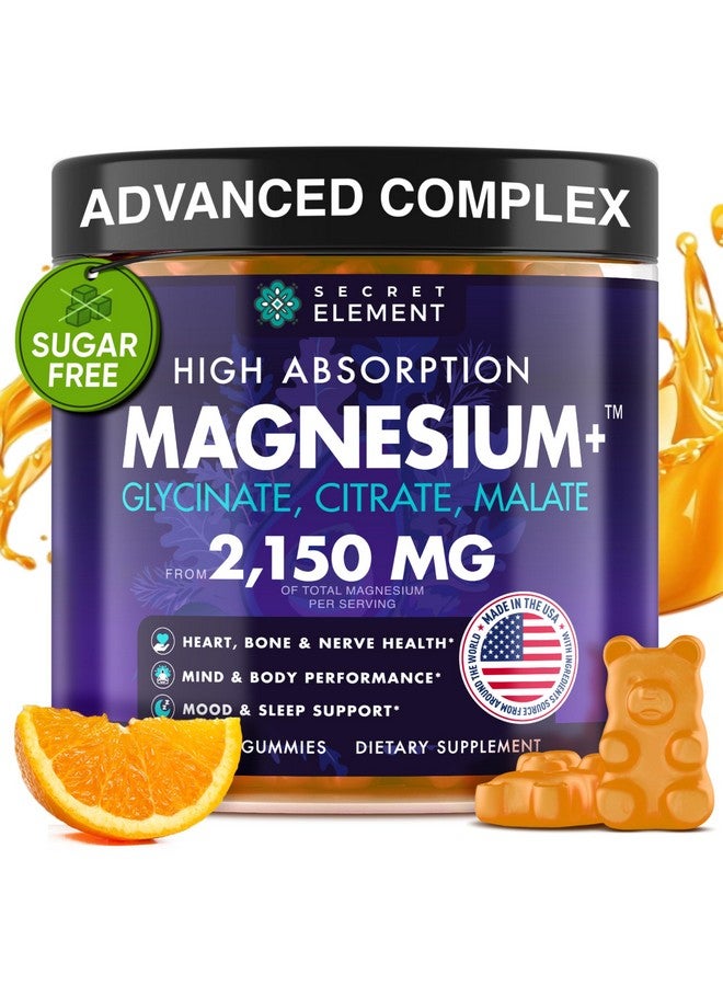 SECRET ELEMENT Magnesium Glycinate 2150MG Gummies for Women and Men, High Absorption Magnesium Glycinate, Citrate, Malate Gummies for Adults & Kids, Magnesium for Sleep Support, Sugar Free, Vegan, 60 Chews, Orange - Image 1