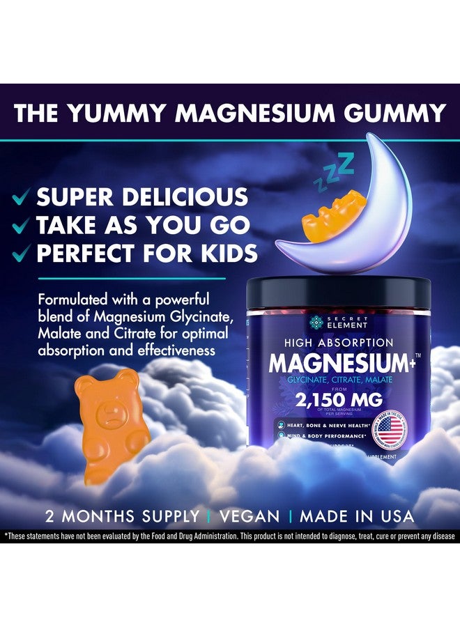 SECRET ELEMENT Magnesium Glycinate 2150MG Gummies for Women and Men, High Absorption Magnesium Glycinate, Citrate, Malate Gummies for Adults & Kids, Magnesium for Sleep Support, Sugar Free, Vegan, 60 Chews, Orange - Image 2