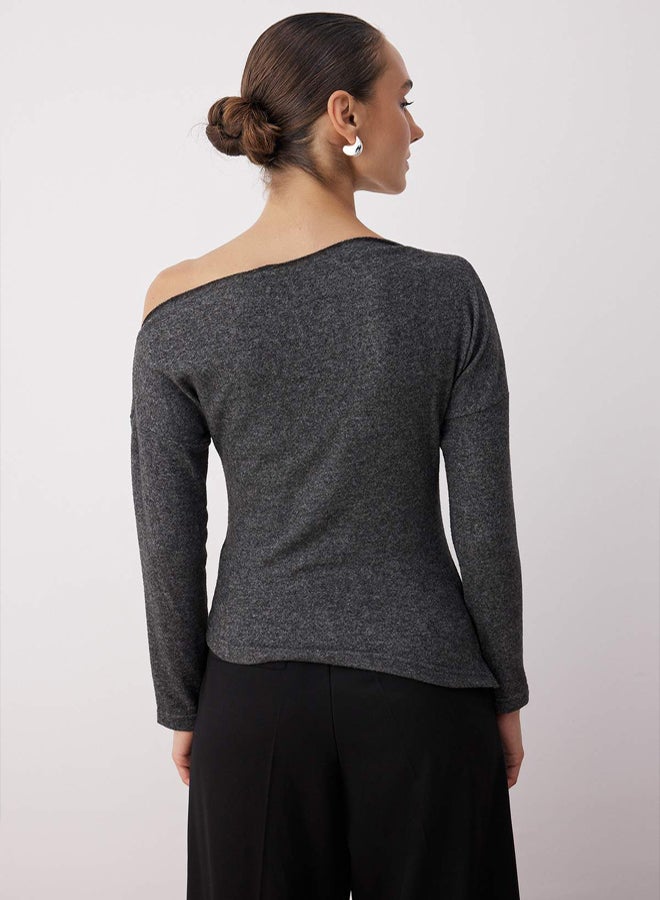 trendyol Anthracite Asymmetric Collar Regular/Normal Fit Soft Knitted Blouse - Image 4