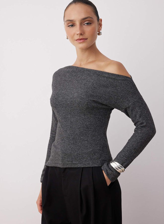 trendyol Anthracite Asymmetric Collar Regular/Normal Fit Soft Knitted Blouse - Image 2