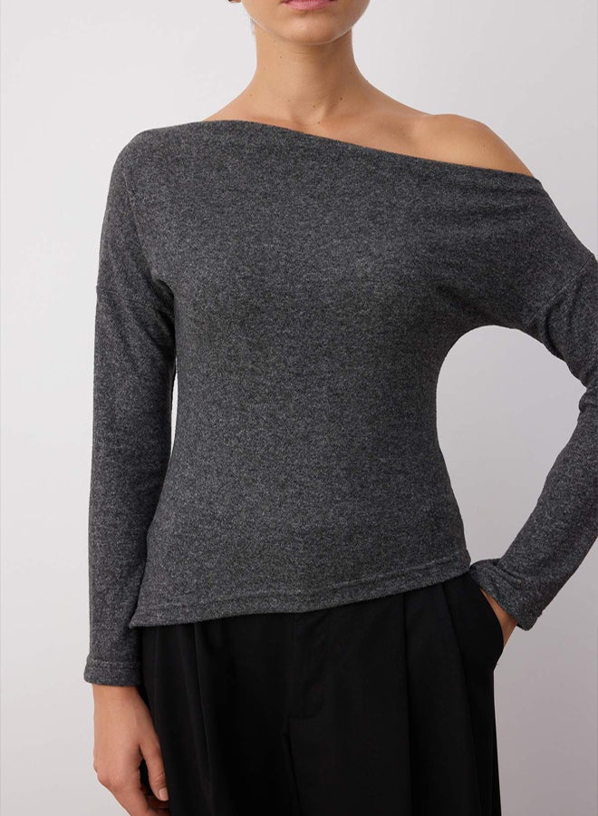 trendyol Anthracite Asymmetric Collar Regular/Normal Fit Soft Knitted Blouse - Image 3