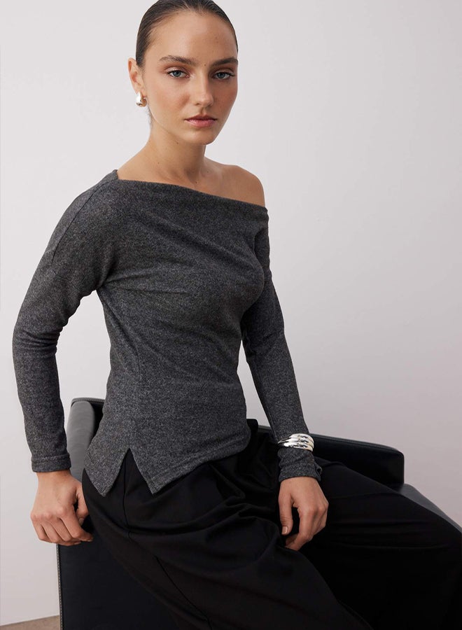trendyol Anthracite Asymmetric Collar Regular/Normal Fit Soft Knitted Blouse - Image 1