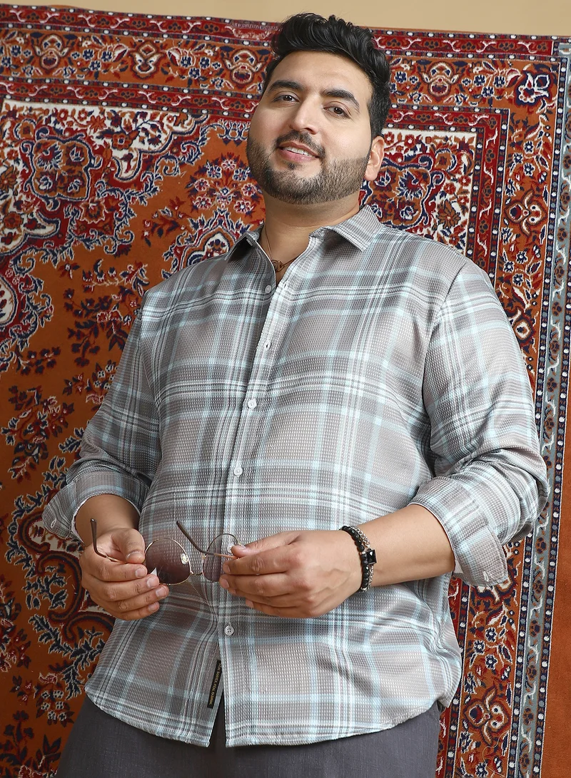 Instafab Plus Instafab Plus Men's Nude Pink & Cloud Grey Tartan Plaid Shirt For Casual Wear | Spread Collar | Long Cuffed Sleeves | Button Closure | Plus Size Shirt Crafted With Comfort Fit For Everyday Wear