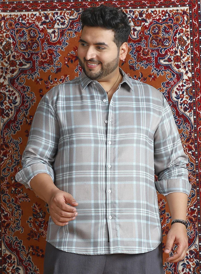 Instafab Plus Instafab Plus Men's Nude Pink & Cloud Grey Tartan Plaid Shirt For Casual Wear | Spread Collar | Long Cuffed Sleeves | Button Closure | Plus Size Shirt Crafted With Comfort Fit For Everyday Wear