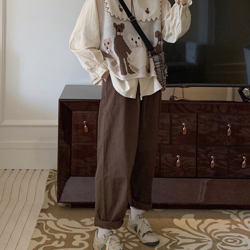 Chic Doll Collar Shirt Knit Vest Wide Leg Pants Set Cat vest