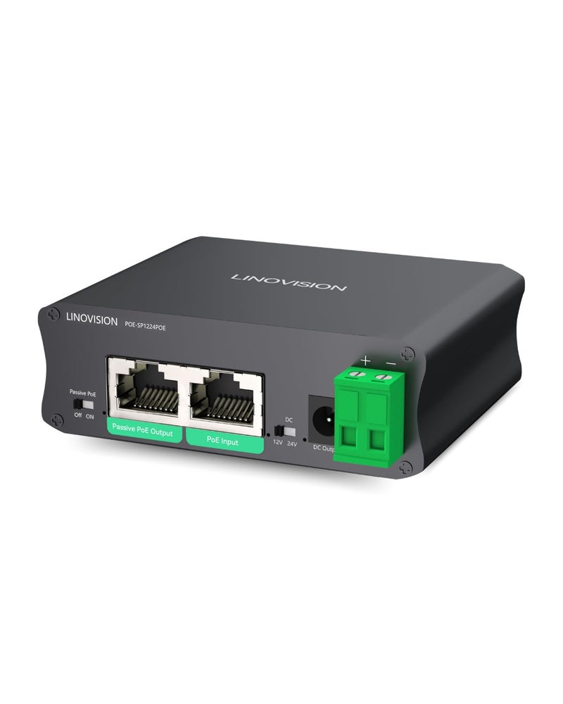 LINOVISION Industrial Gigabit 30W PoE Splitter with Switchable DC12V/24V Output and Passive PoE Output for Bridges Like UB Loco5AC, Designed for Cameras and IoT Systems - Image 1