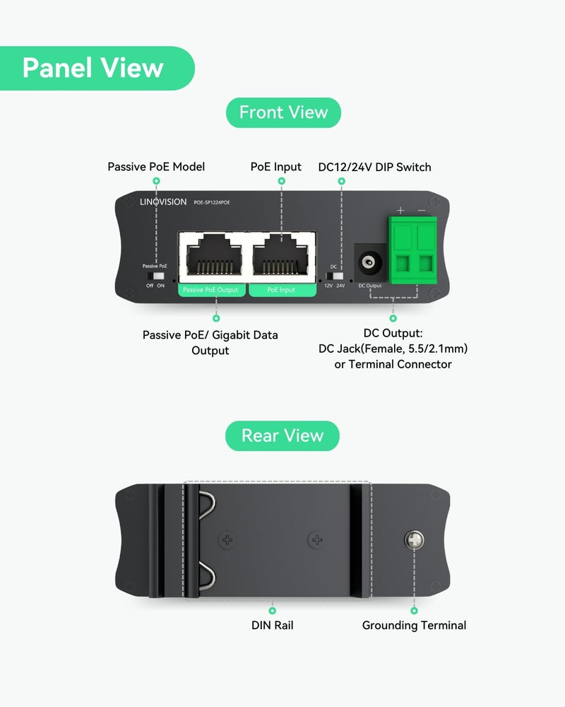LINOVISION Industrial Gigabit 30W PoE Splitter with Switchable DC12V/24V Output and Passive PoE Output for Bridges Like UB Loco5AC, Designed for Cameras and IoT Systems - Image 2
