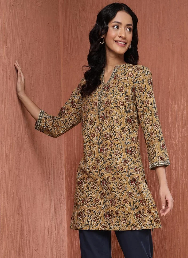 فاب انديا Mustard Cotton Kalamkari Printed Short Kurta