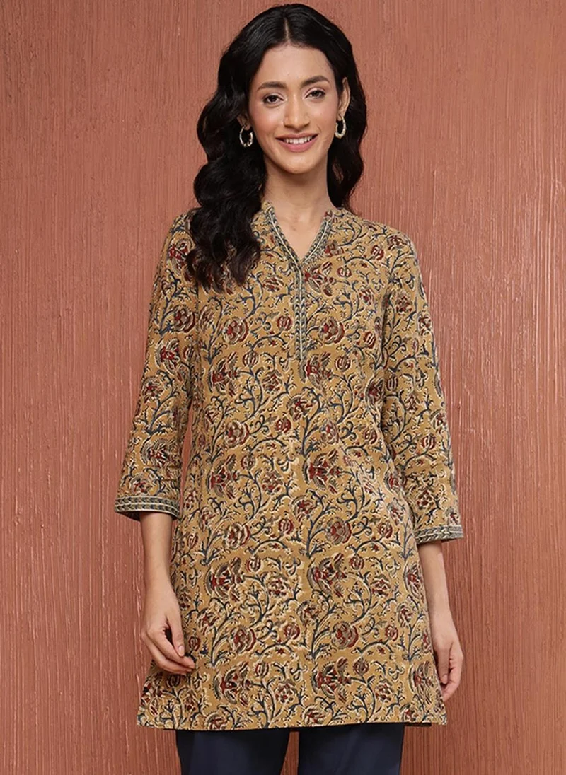 فاب انديا Mustard Cotton Kalamkari Printed Short Kurta