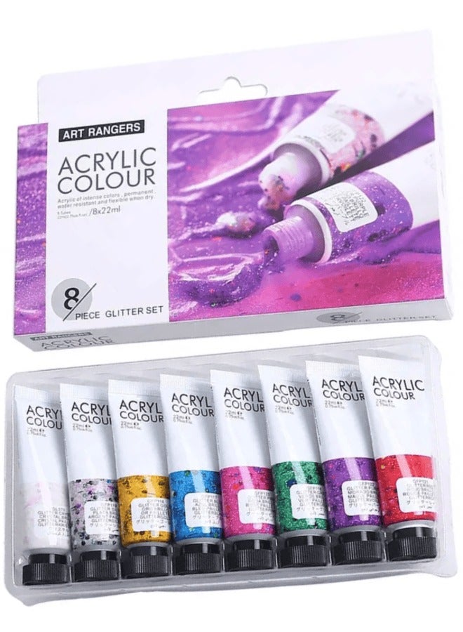Art Rangers Glitter Series Acrylic Colour Paint Set With 8 Glitter Shades Multicolour 8x22ml - Image 1