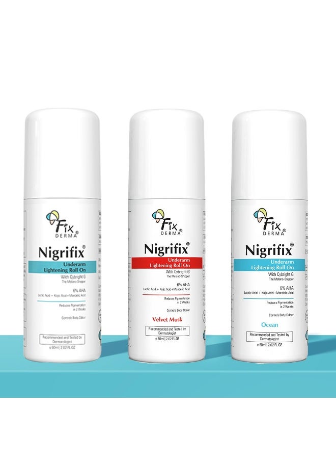 FIXDERMA Velvet Musk Nigrifix Underarm Roll On With 6% AHA, Lactic Acid 60ml & Ocean lightening Roll on 60ml &  Underarm lightening roll on 60ml  | Unisex (Pack Of 3) - Image 1