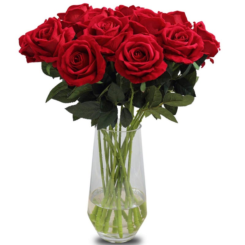 Bringsine Artificial Velvet Flowers Realistic Roses Bouquet with Long Stem for Home Wedding Decoration Party-Red - Image 1