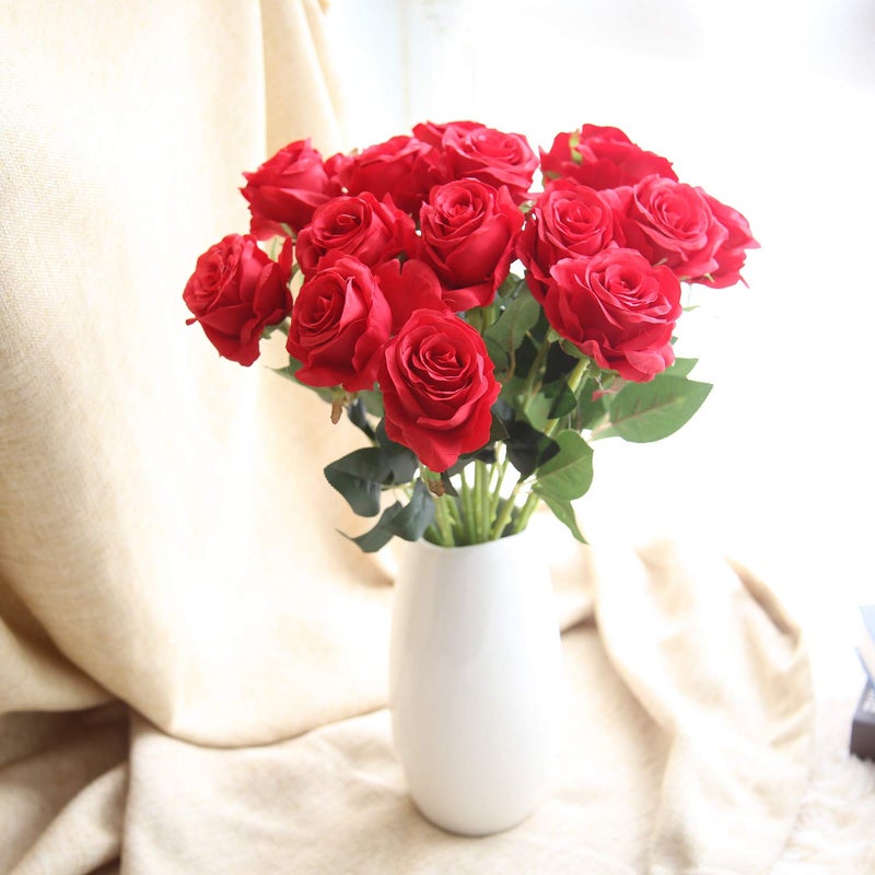 Bringsine Artificial Velvet Flowers Realistic Roses Bouquet with Long Stem for Home Wedding Decoration Party-Red - Image 2