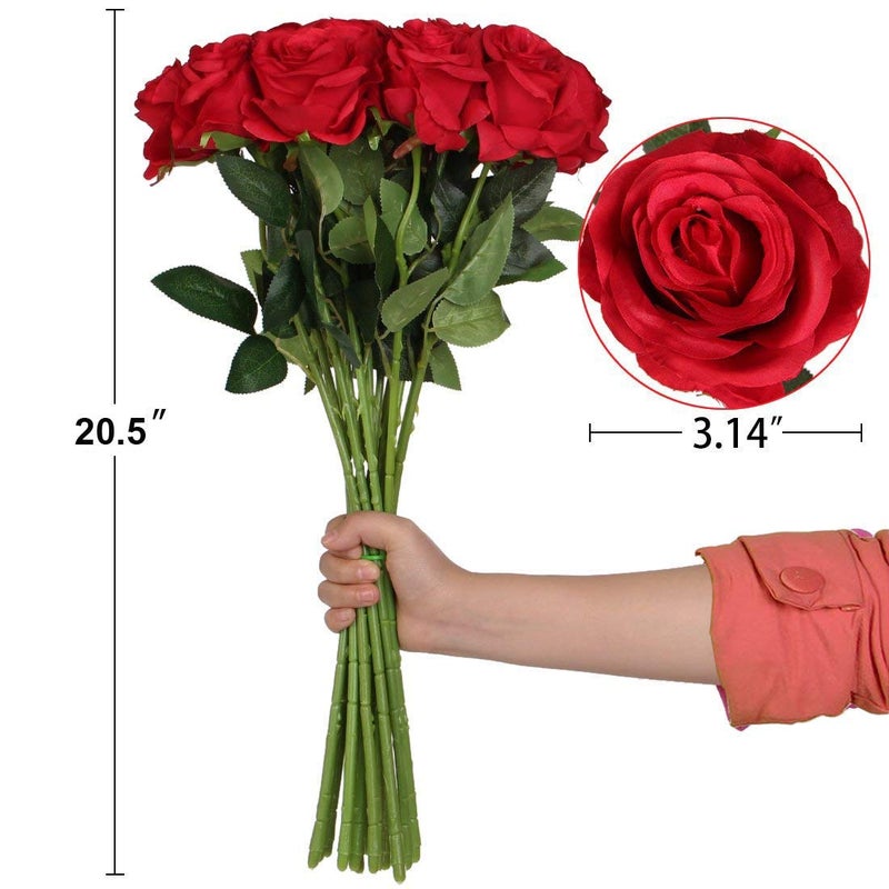 Bringsine Artificial Velvet Flowers Realistic Roses Bouquet with Long Stem for Home Wedding Decoration Party-Red - Image 3