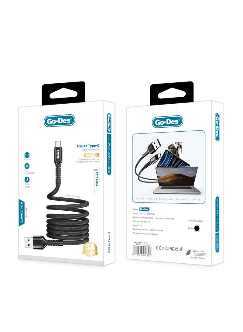 GO-DES USB To C-Type Superfast Charging Data cable Nylon Braided Wire Compatible With Samsung Huawei 1M Length-Black - Image 3