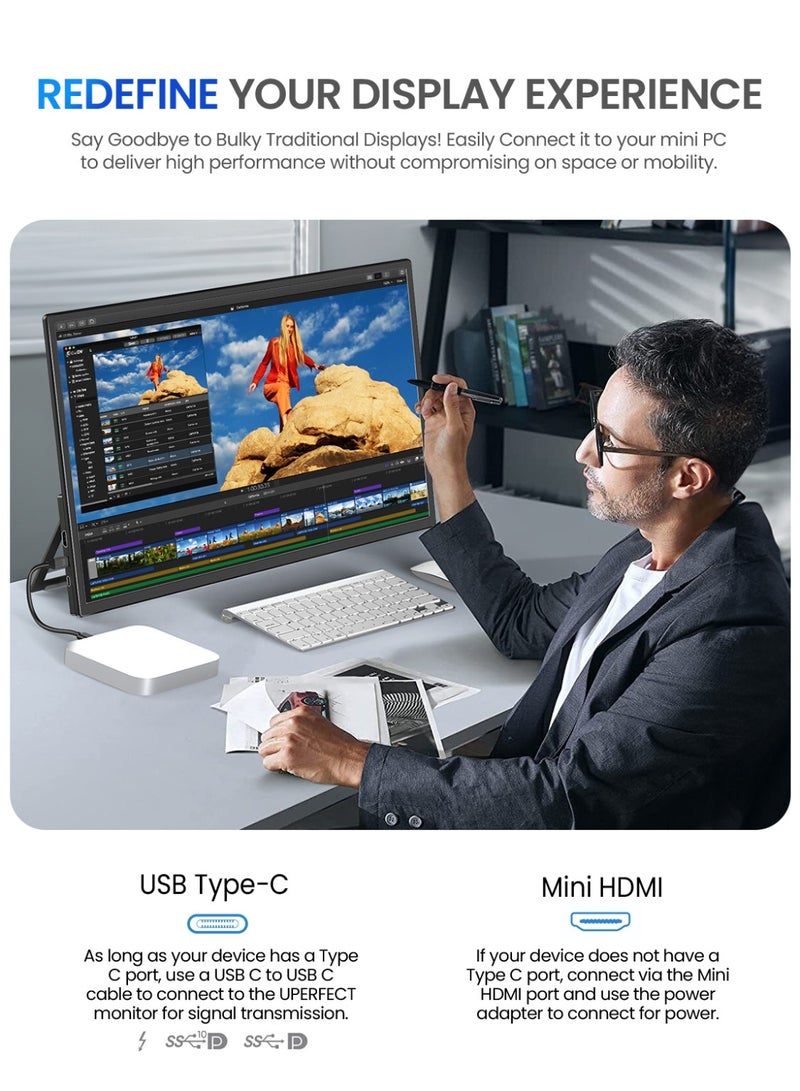 أوبيرفكت شاشة محمولة UPERFECT مقاس 21.5 بوصة وشاشة ألعاب 120 هرتز بدقة 1920 × 1080 FHD IPS ومنافذ USB C و Mini HDMI مع شاشة ثانية مدمجة للكمبيوتر المحمول/الهاتف/وحدة التحكم في الألعاب، قابلة للتركيب على VESA - Image 4